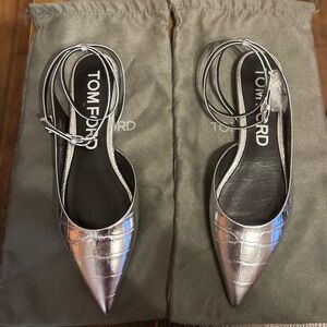 Tom Ford Lock Metallic Croco Ankle-Strap Ballerina Flats